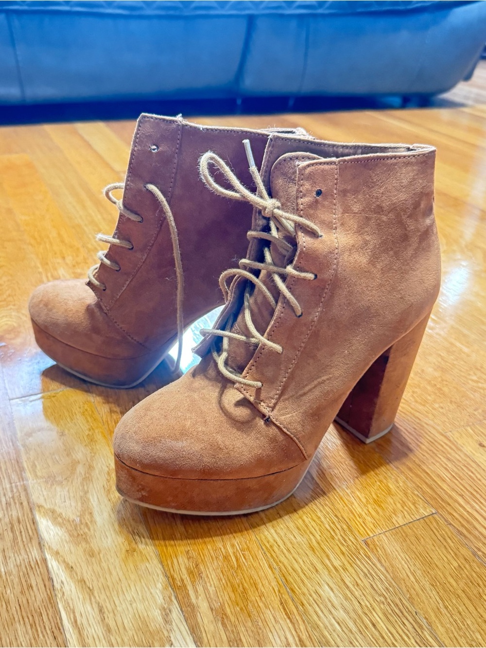 Women's Brown Suede Lace-Up Block Heel Ankle Boots